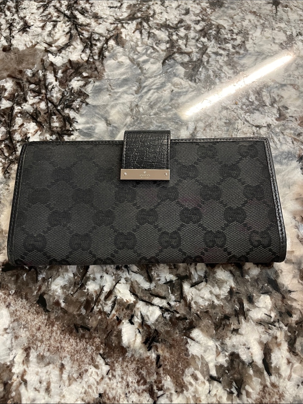 REHAB Gucci Black GG Signature Continental Wallet with Metal Logo flap closure